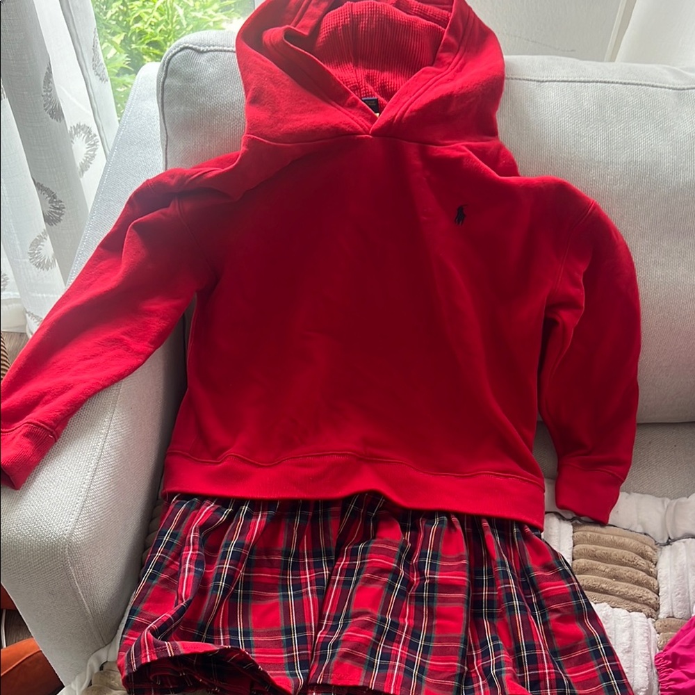 Red Hoodie with Plaid Skirt